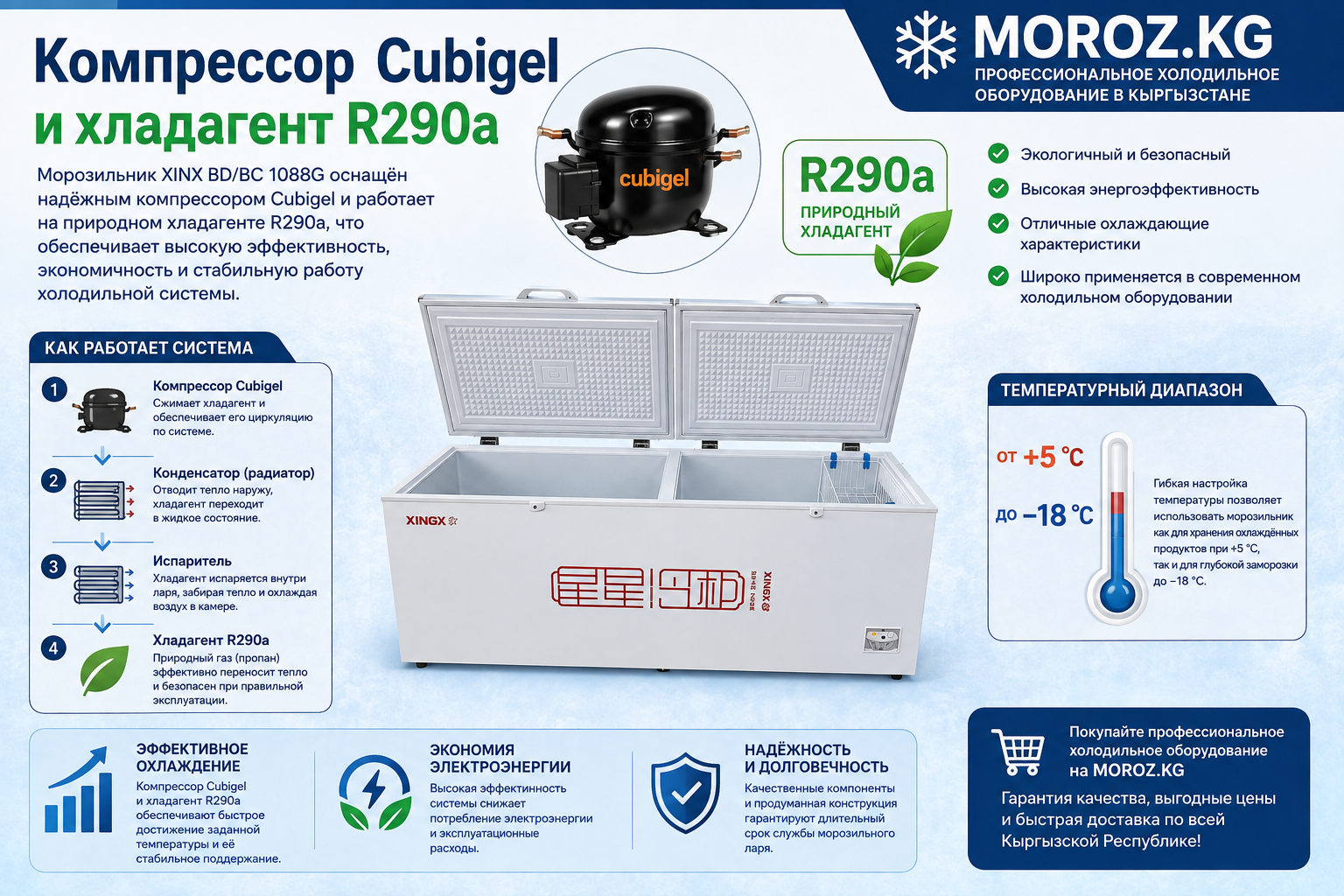 Морозильник XINX BD/BC 1088G Компрессор Cubigel и хладагент R290a