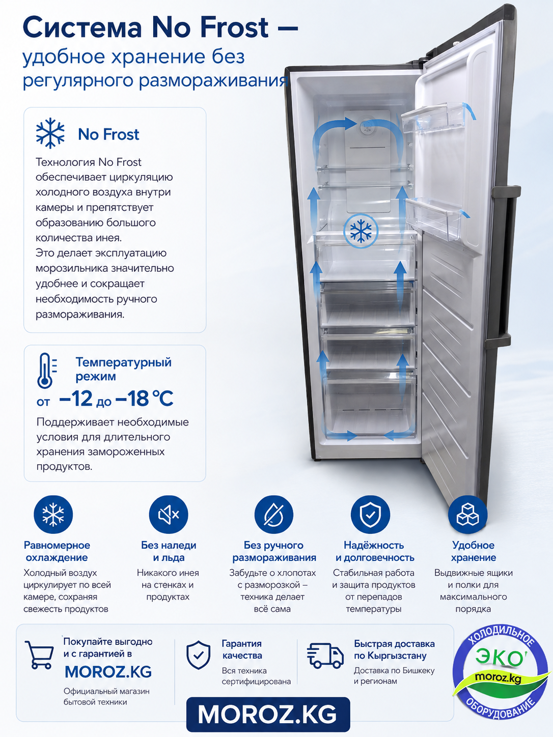 Вертикальный морозильник OVIO OFN 280 S Система No Frost — удобное хранение без регулярного размораживания