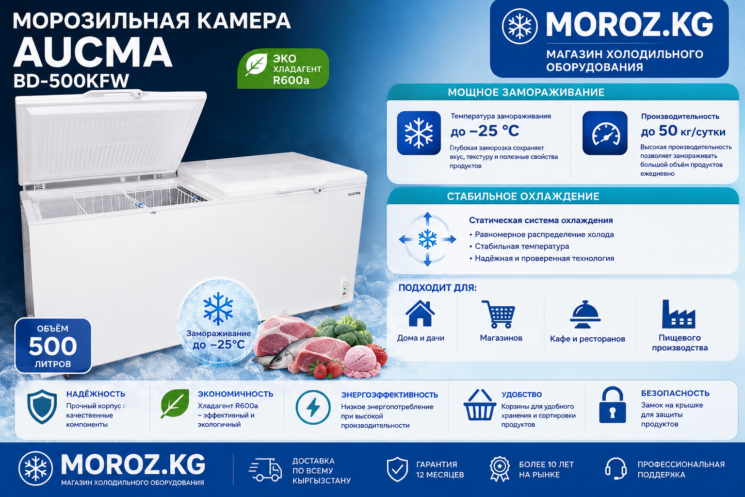 Морозильный ларь AUCMA BD-500KFW Замораживание до −25 °C и производительность до 50 кг/сутки