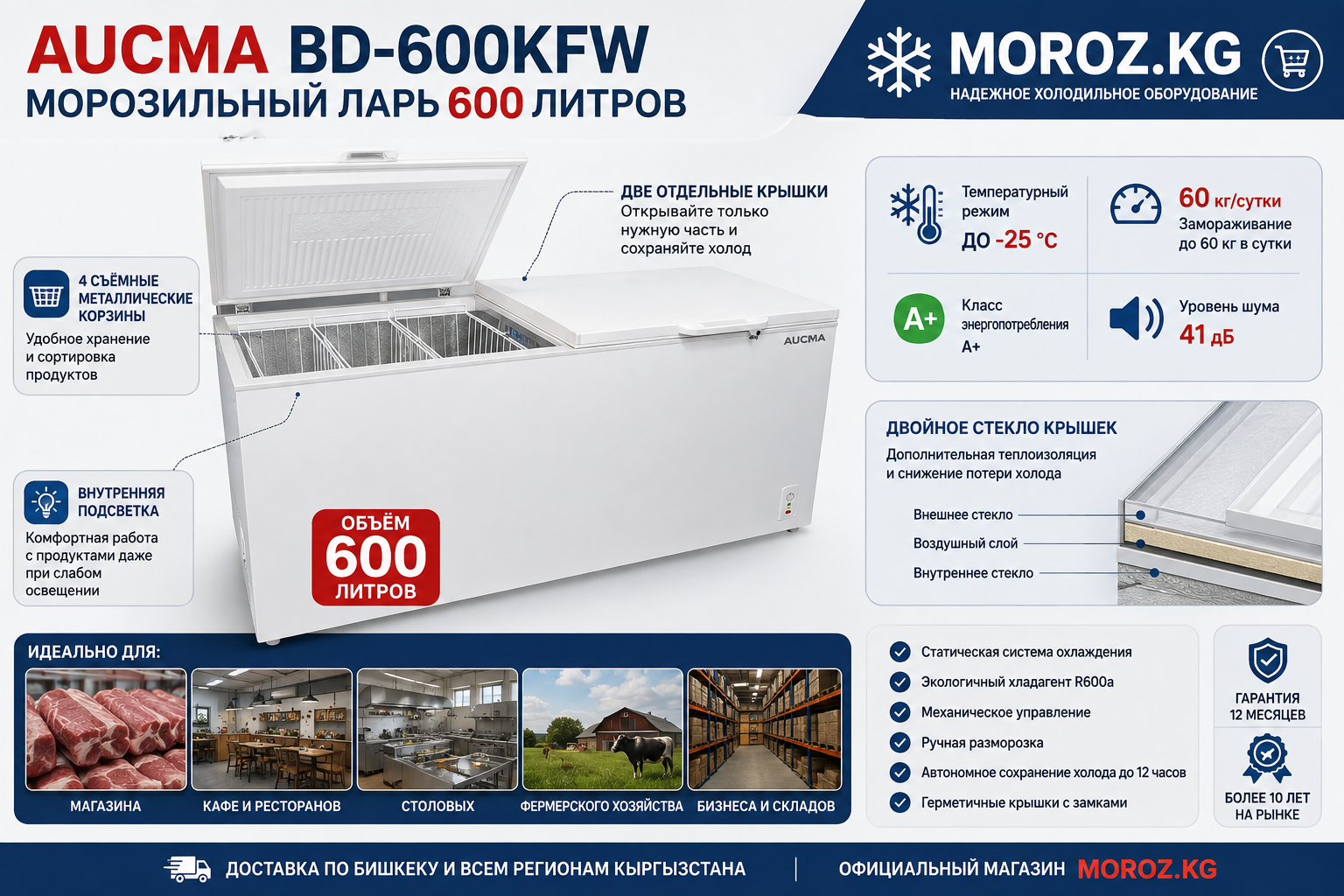 Морозильный ларь AUCMA BD-600KFW Большой объём 600 литров — максимум места для продуктов