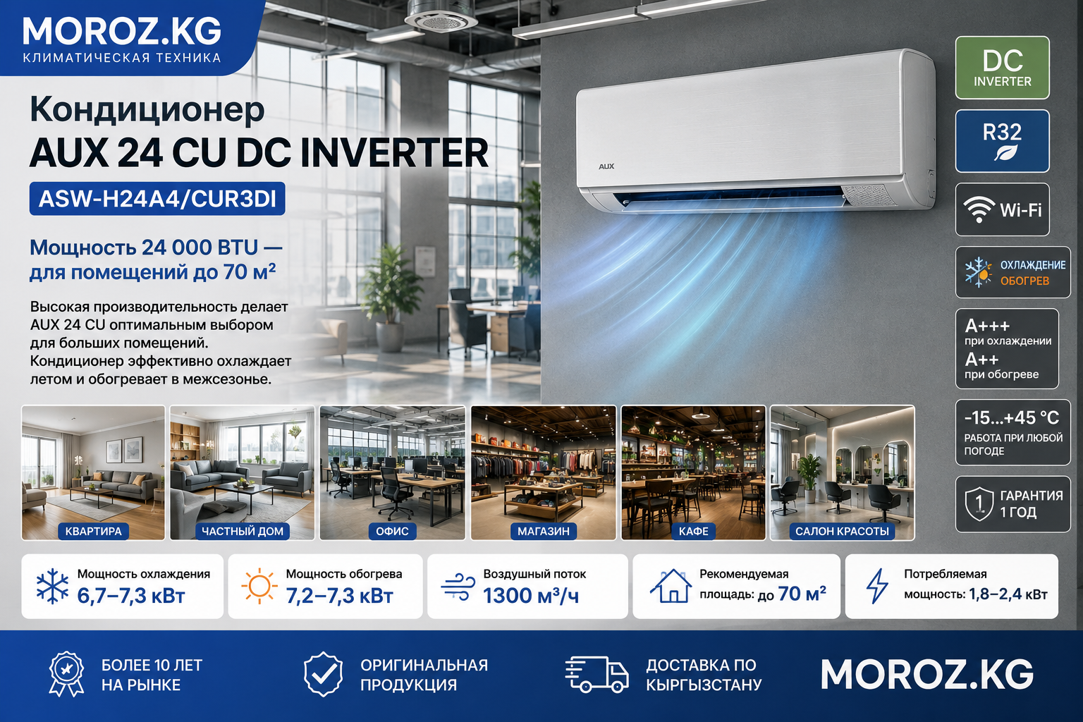 Кондиционер AUX 24 CU DC INVERTER Мощность 24 000 BTU — для помещений до 70 м²