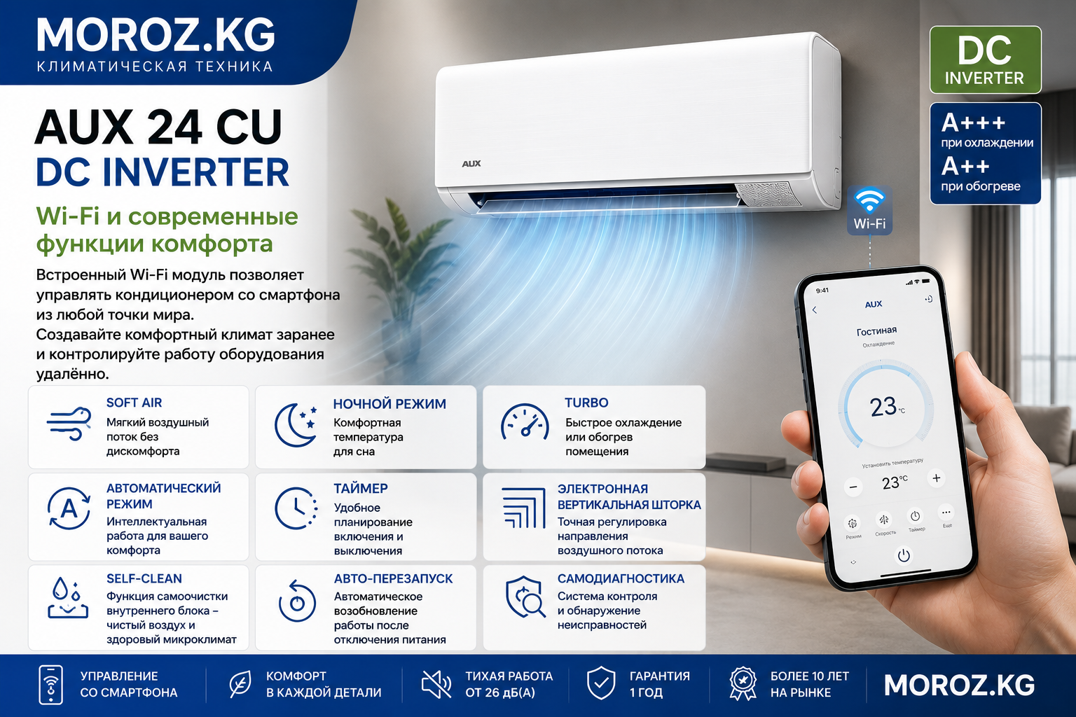 Кондиционер AUX 24 CU DC INVERTER Wi-Fi и современные функции комфорта