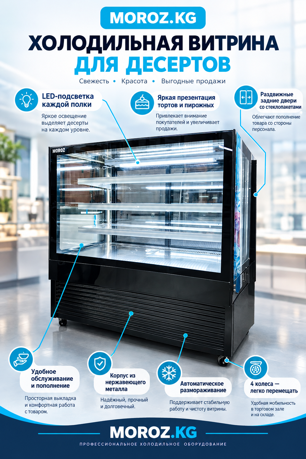 Витринный холодильник MOROZ DG-1200AGR LED-подсветка каждой полки и удобство обслуживания